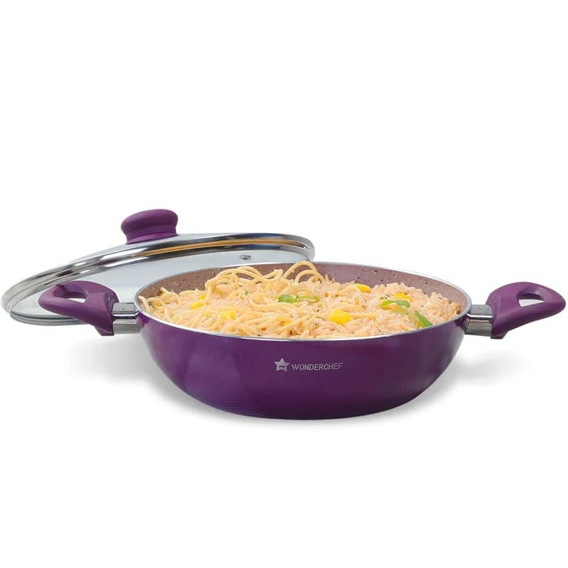 Wonderchef Royal Velvet 24cm Non-Stick Kadhai with Glass Lid | Induction Ready | 3mm Virgin Aluminium | Soft-Touch Handles | Purple
