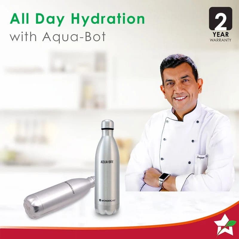 Wonderchef Aqua-Bot 1000ml Stainless Steel Vacuum Flask | Double Wall Insulated | Hot & Cold | Spill & Leak Proof | Silver | 2-Year Warranty