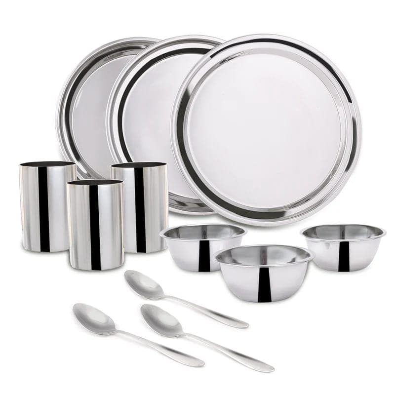 Wonderchef Venice Stainless Steel Dinner Set of 12pcs | Plates, Glasses, Bowls, Spoons | Classic Design and Gloss Finish | 100% Food-grade Stainless Steel | Non-corrosive, Unbreakable | Easy to Clean