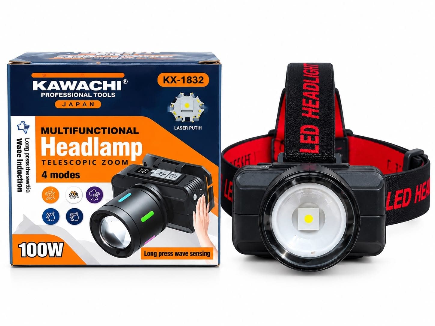Kawachi KX-1832 Multifunctional LED Headlamp 100W | Telescopic Zoom | 4 Modes | Wave Sensor | Rechargeable Headlight