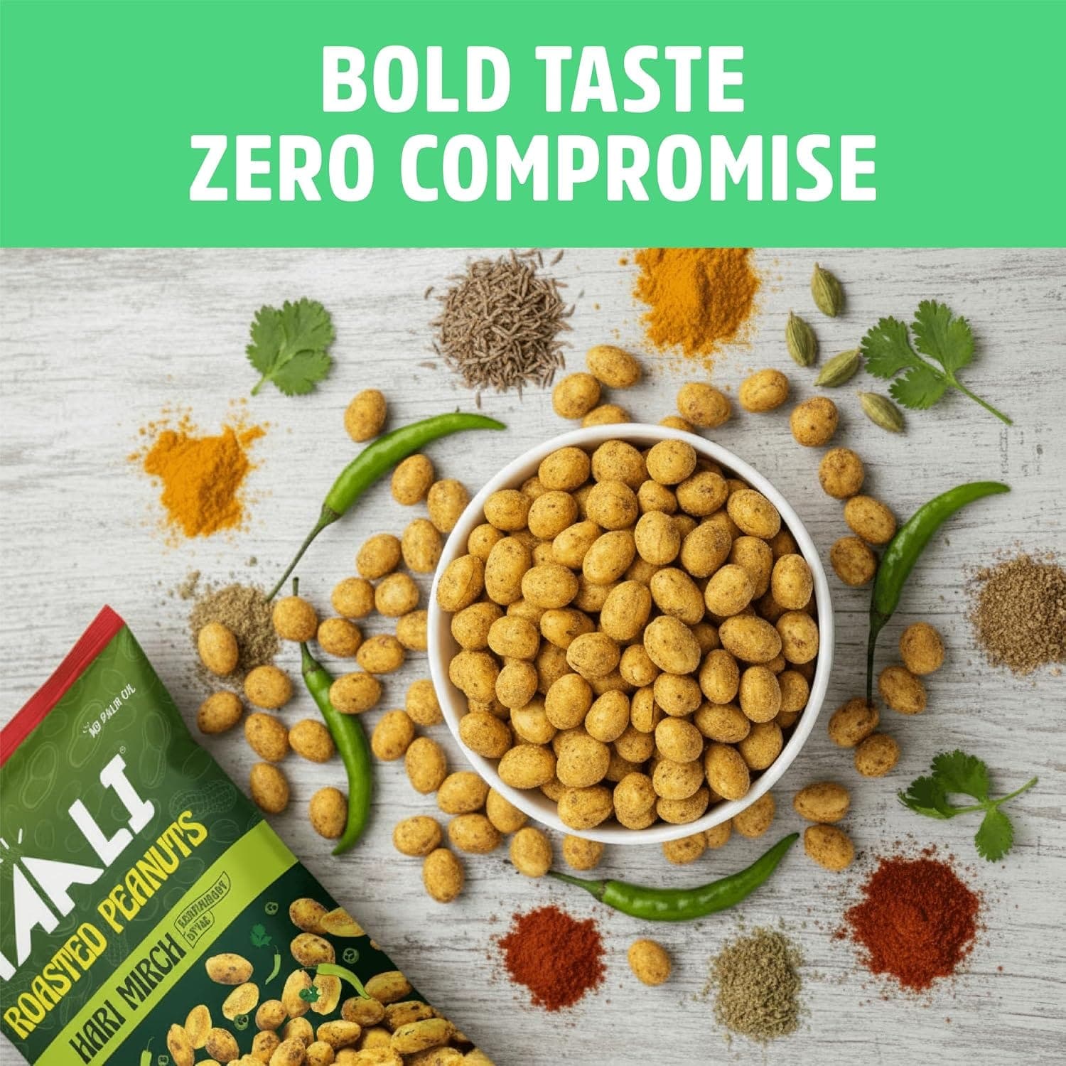 Taali Flavour Roasted Peanuts – Hari Mirch | Bold Green Chilli Flavour | No Palm Oil, Not Fried | 140g