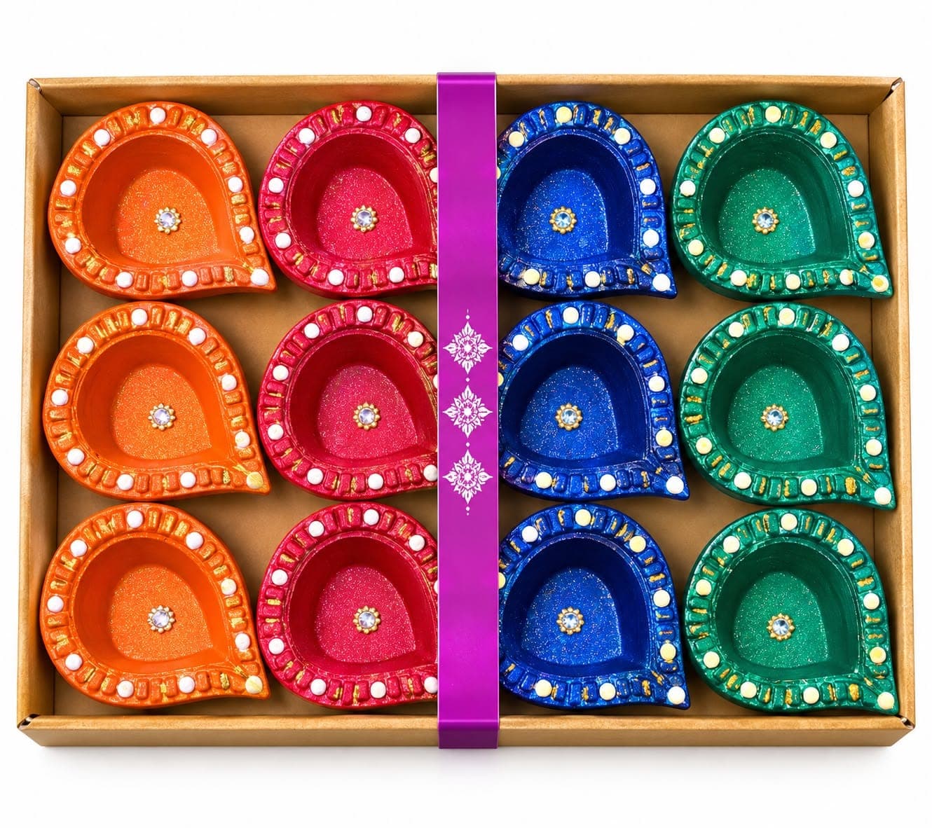 Handcrafted Terracotta Diya Set 12 Pcs | Colorful Diwali & Tihar Decoration