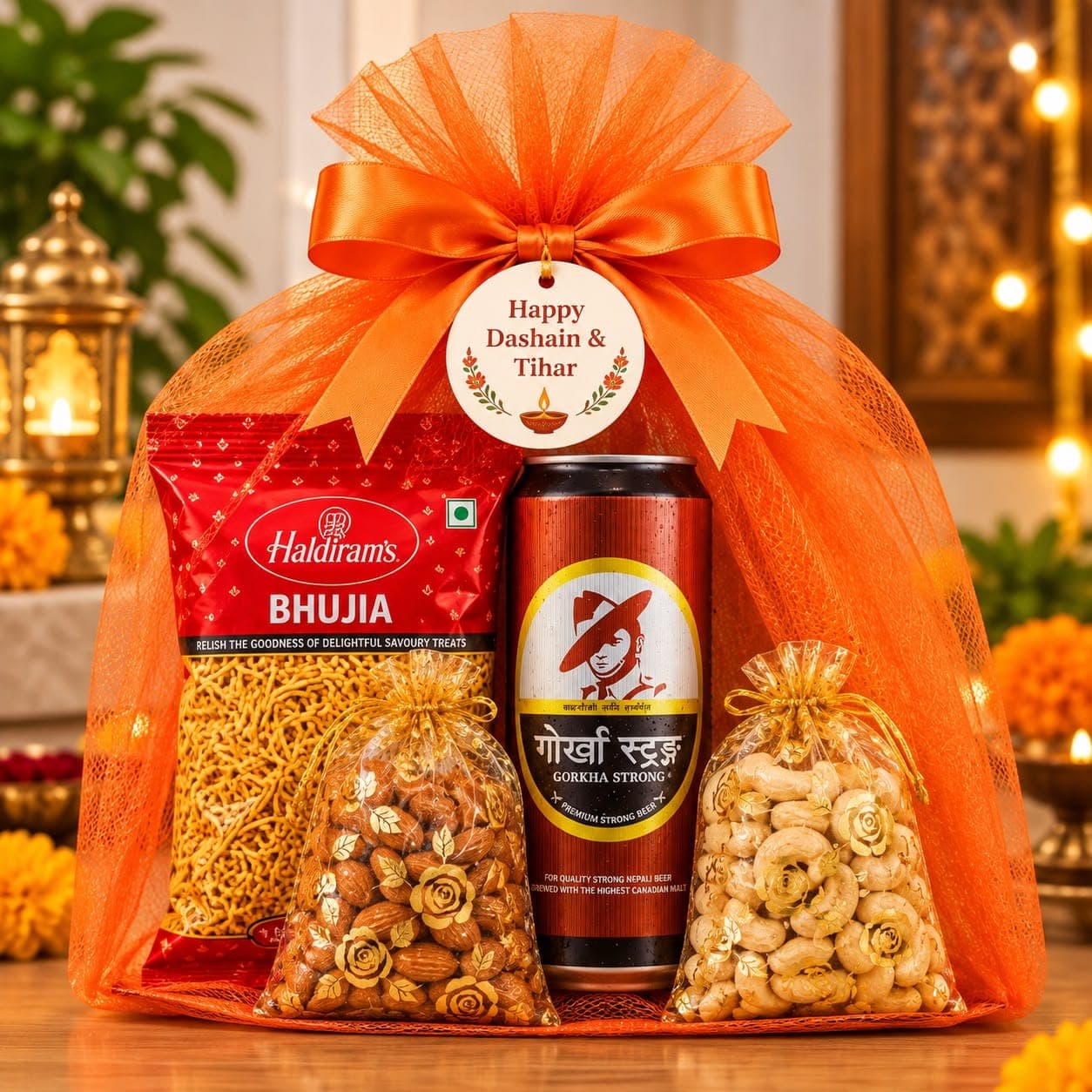 Dashain Tihar Gift Hamper | Gorkha Strong, Haldiram’s Bhujia & Dry Fruits