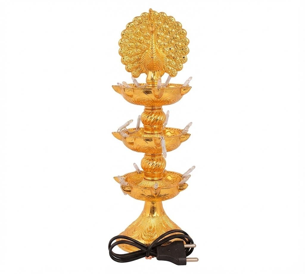 Gold-Plated 3-Tier Peacock LED Diya Stand with Electric Plug | Diwali & Tihar Decoration