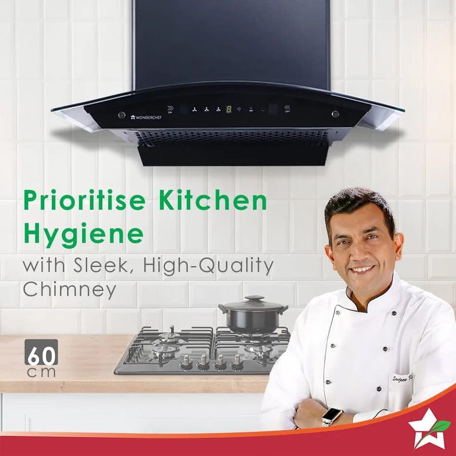 Wonderchef Ultima C-Line 60cm Chimney | 1400 m³/hr | Auto Clean | Curved Glass | Touch & Motion Sensor