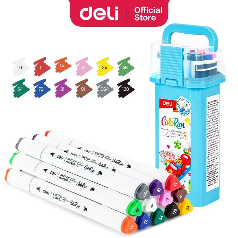 Deli EC187-12 Sketch Marker Set – 12 Vibrant Color Markers for Drawing, Sketching & Coloring