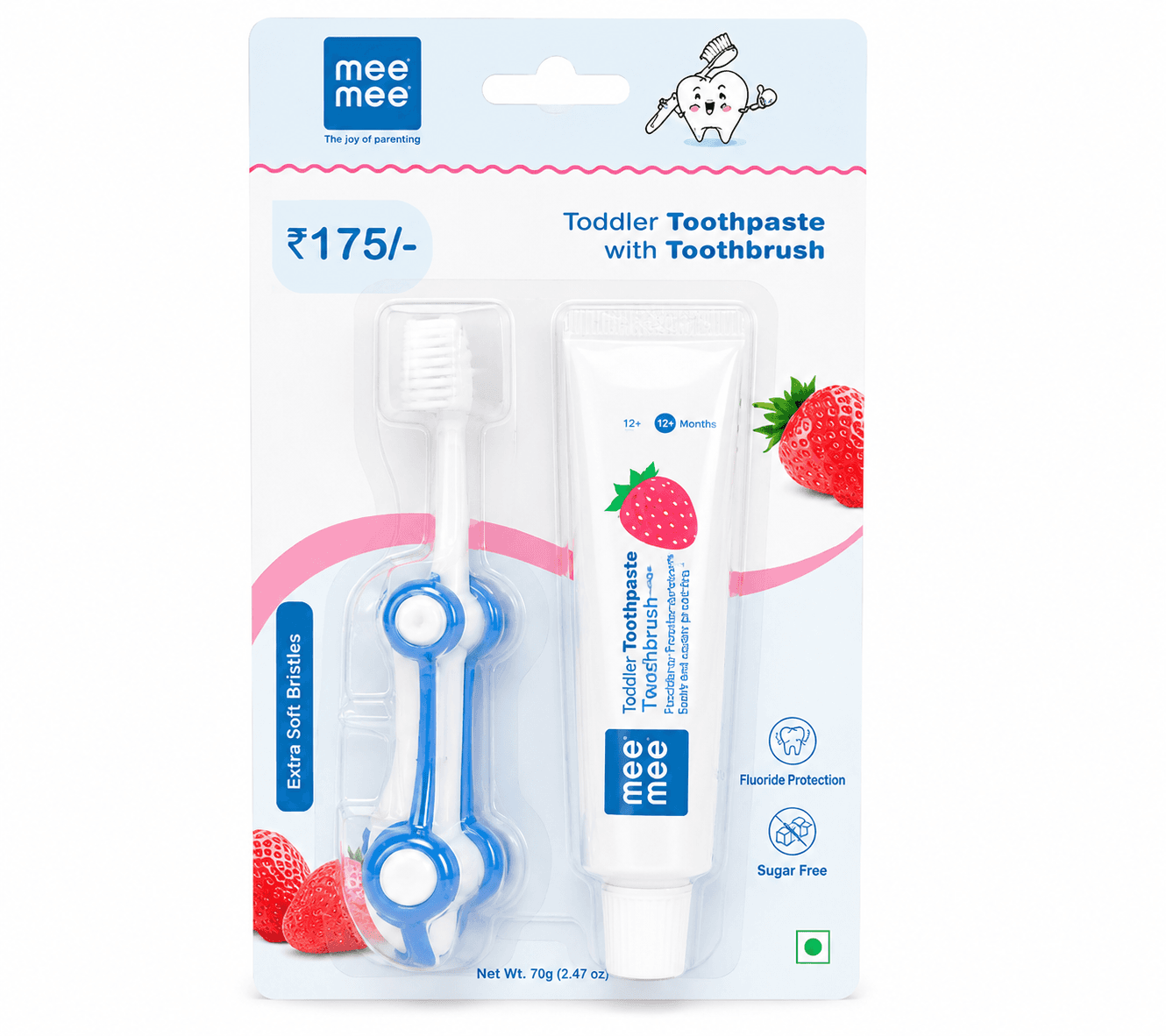Mee Mee Toddler Toothpaste with Toothbrush | Strawberry Flavour | Fluoride Protection & Sugar-Free | 70g