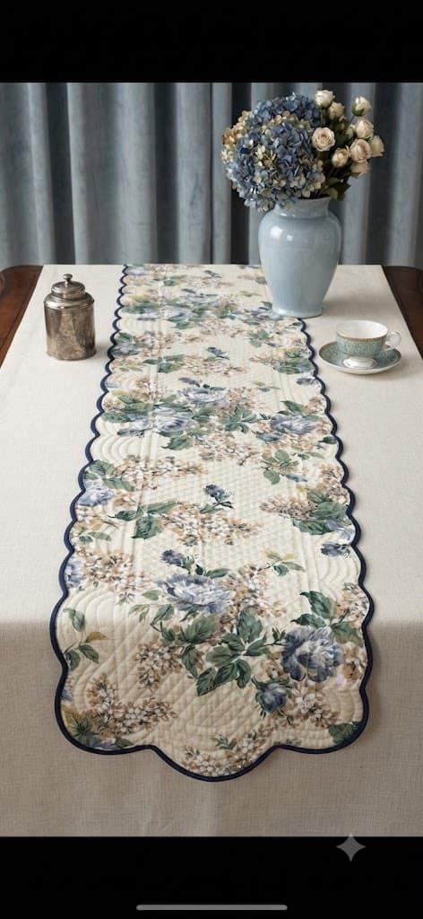 Blue & Green Floral Quilted Scalloped Edge Table Runner – Botanical Dining Table Decor