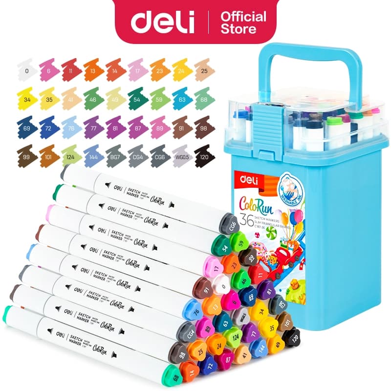Deli EC187-36 Dual Tip Sketch Marker Set – 36 Assorted Colors | Professional Art Markers