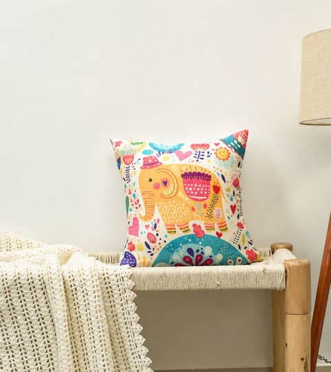 Satin 1 Pc Cushion Cover – HD Cute Elephant Folk Art Pattern Decorative Pillow Cover