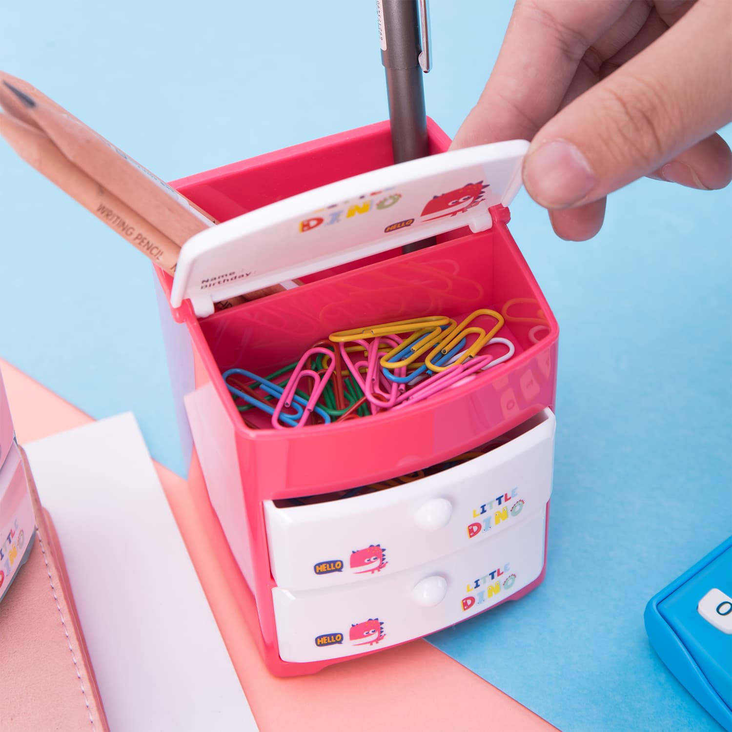 Deli Deli E9136 Little Dino Pen Holder with 2 Drawers & 2 Compartments | Cute Desktop Organizer stationary, toys & sports — thumbnail 2 of 5