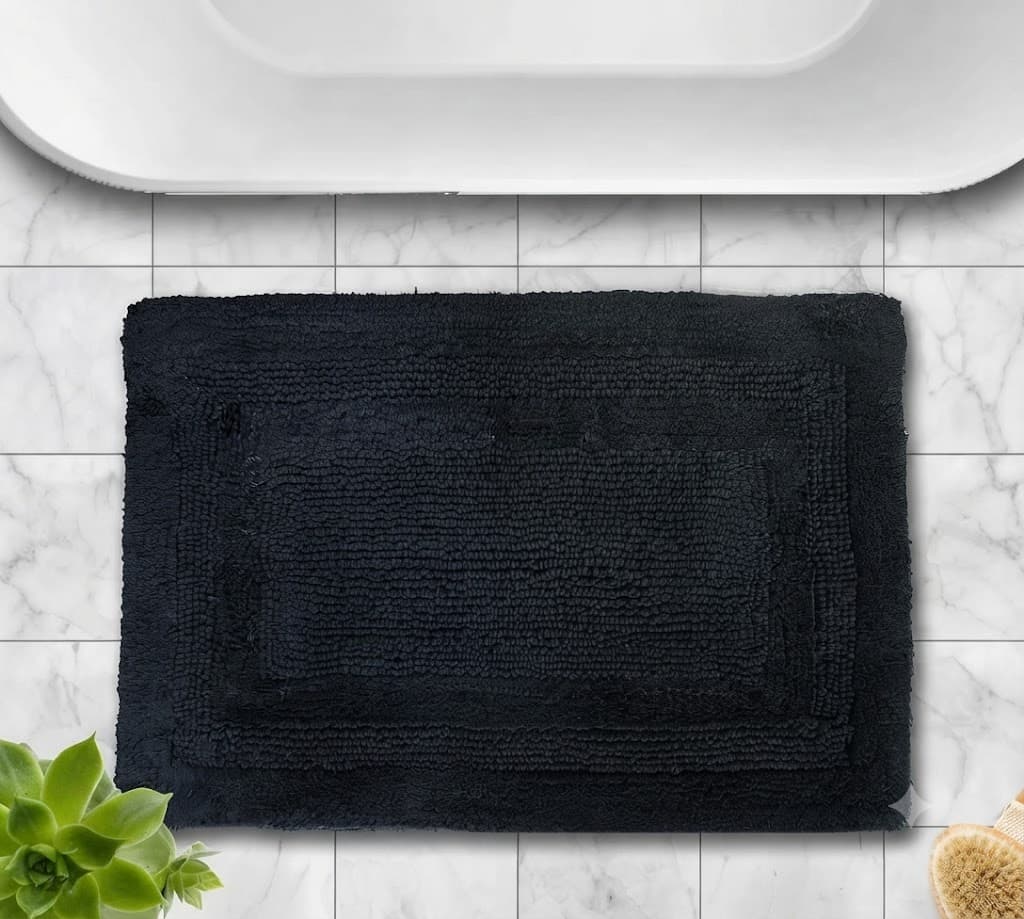 Plush Textured Solid Black Bath Mat with Border Detail