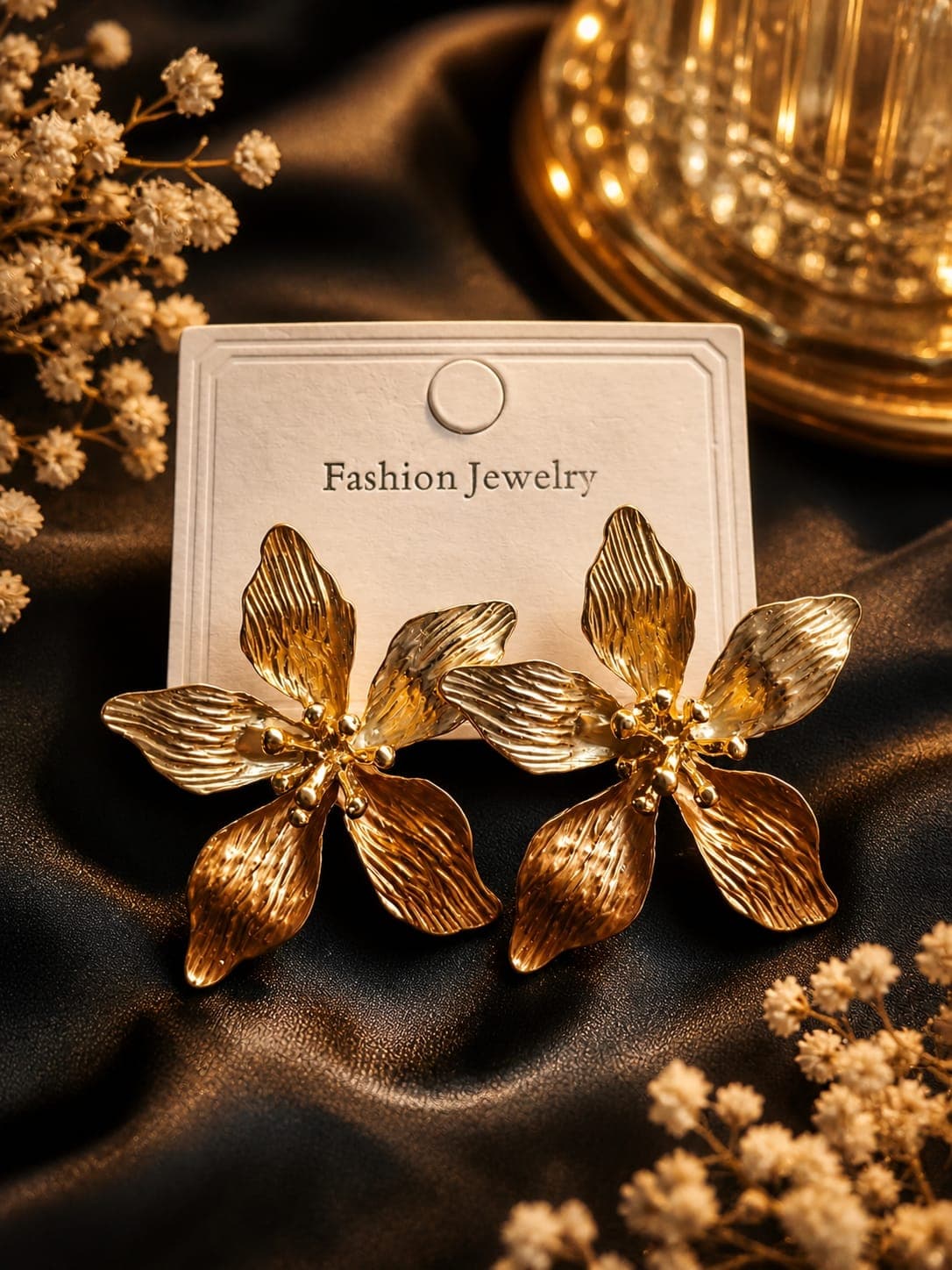 Textured Botanical & Brushed Gold Floral Statement Earrings for Women