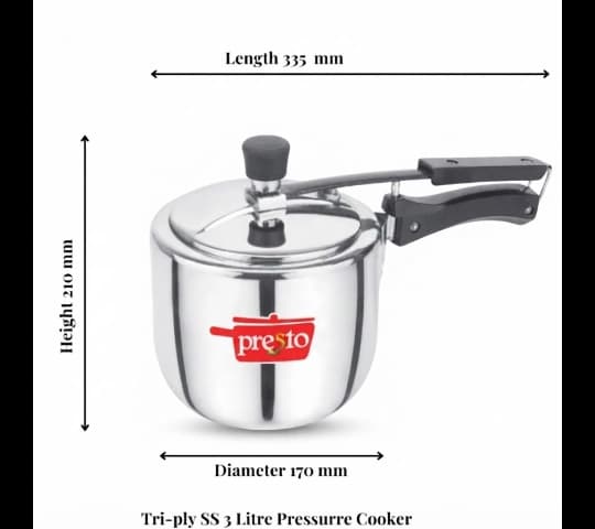 Presto Presto Triply Stainless Steel Classic Inner Lid Pressure Cooker 3 Litre | Induction Base | 3L Cooker home & kitchen — thumbnail 2 of 2