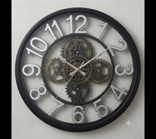 Black and Silver Industrial Skeleton Wall Clock with Exposed Gears | Vintage Metal Decorative Wall Clock