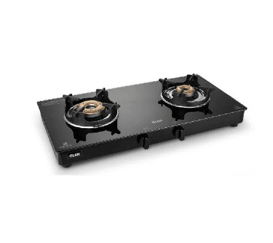 GLEN 2 Burner Glass Gas Stove with High Flame Brass Burners & Crown Pan Supports – Manual/Auto Ignition CT 1022 CPS AI