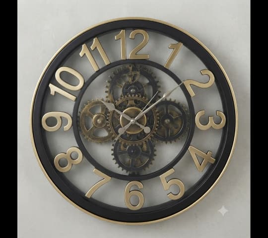 Black and Gold Industrial Skeleton Wall Clock with Moving Gears | Vintage Metal Wall Decor