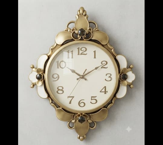 Baroque-Style Ornate Brass Wall Clock with Gem Accents & White Detailing