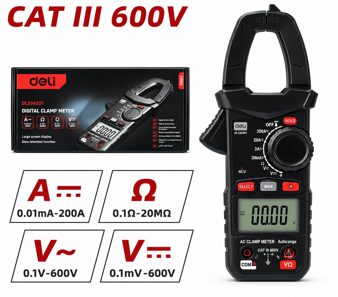 Deli Tools Digital Multimeter EDL334203 40M Professional Electrical Testing Meter