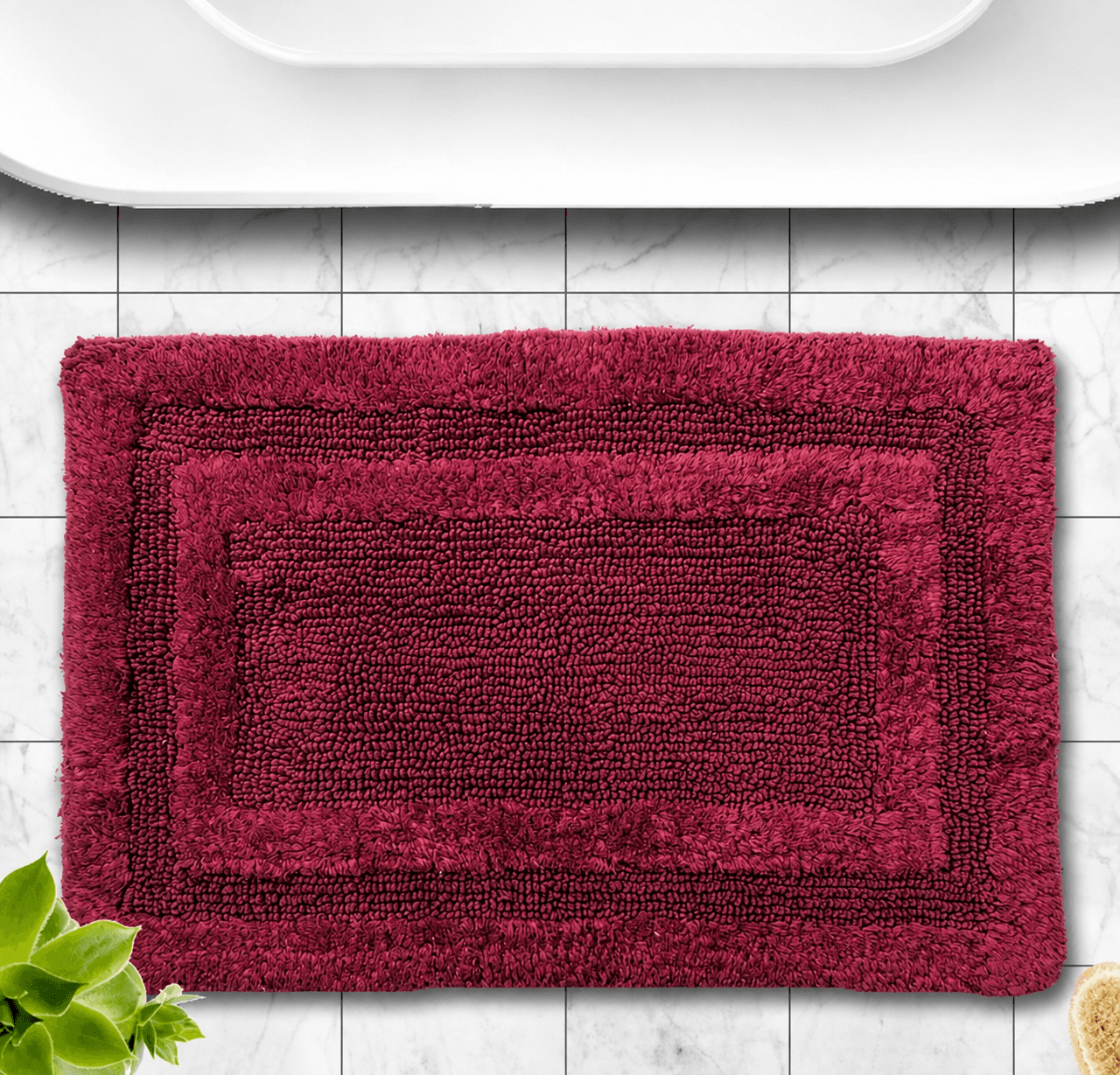 Deep Burgundy Textured Bath Mat – Plush Rectangular Bathroom Rug