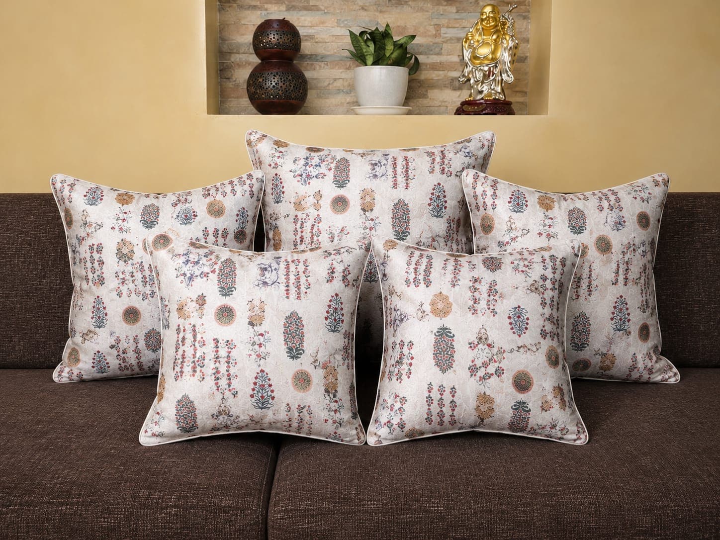 Mughal Booti Cushion Cover Set of 5 – Elegant Traditional Decorative Pillow Covers