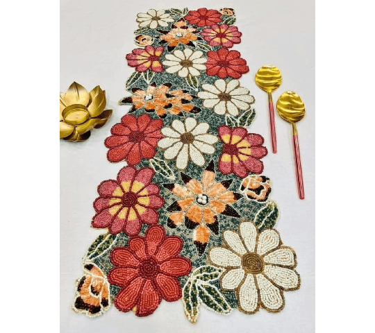 Beaded Table Runner Colourful Flower Design – Handmade Decorative Table Runner for Dining & Home Decor