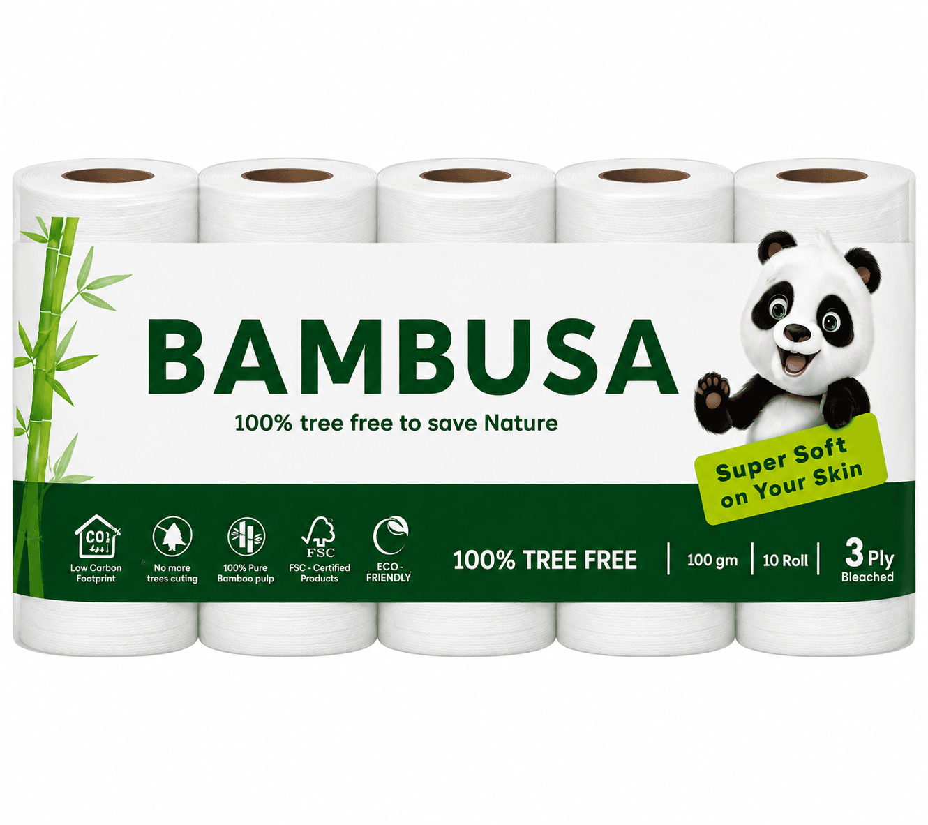 BAMBUSA 3 Ply Bamboo Toilet Tissue Paper 10 Rolls | 100% Tree Free | Super Soft & Eco Friendly Toilet Paper