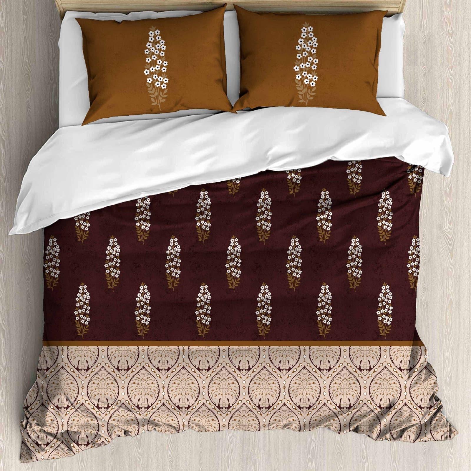 Premium Coffee Brown Floral Cotton King Size Bedsheet with Designer Pillow Covers (108 × 108 Inches)