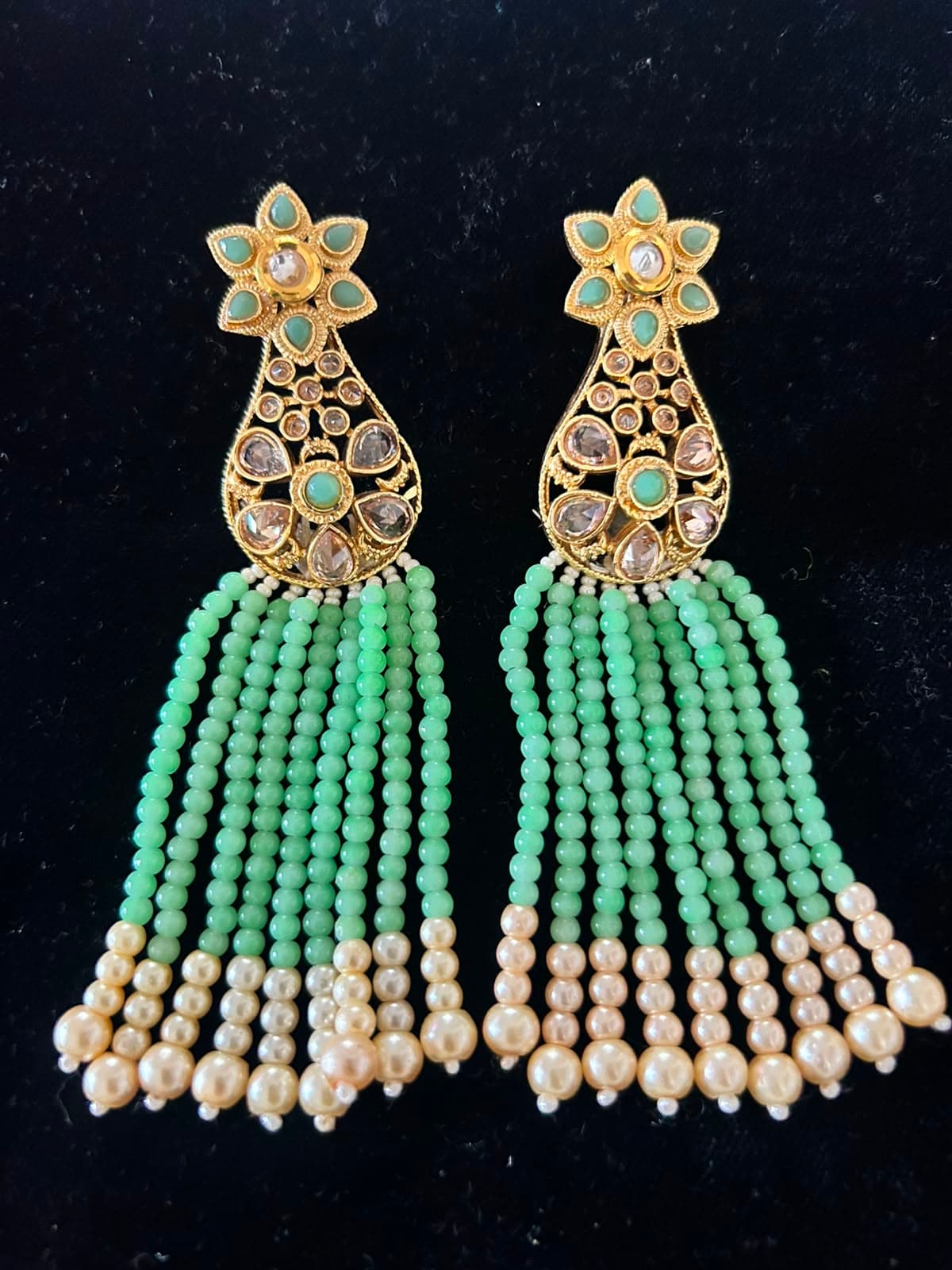 Kundan Tassel Earrings with Mint Green Beaded Strands & Pearl Accents