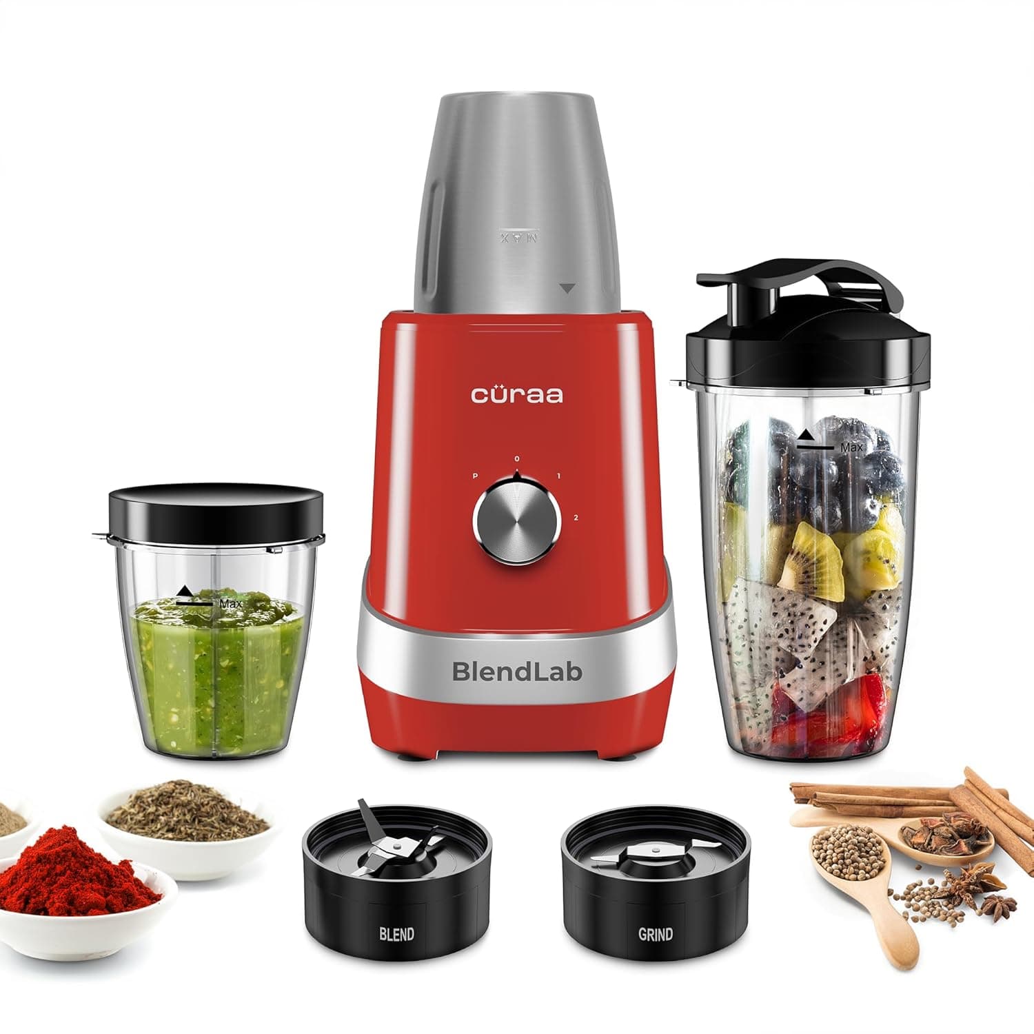 Curaa Blendlab Mixer Grinder for Kitchen – 3 Jars, Powerful Red Mixer Grinder for Home Use, Smooth Grinding & Blending Performance
