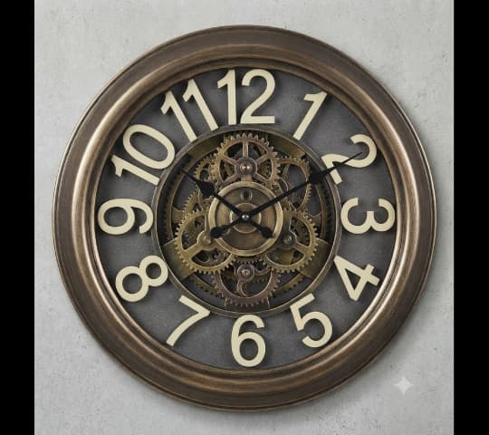 Antique Bronze Industrial Wall Clock with Exposed Gears | Vintage Metal Wall Decor