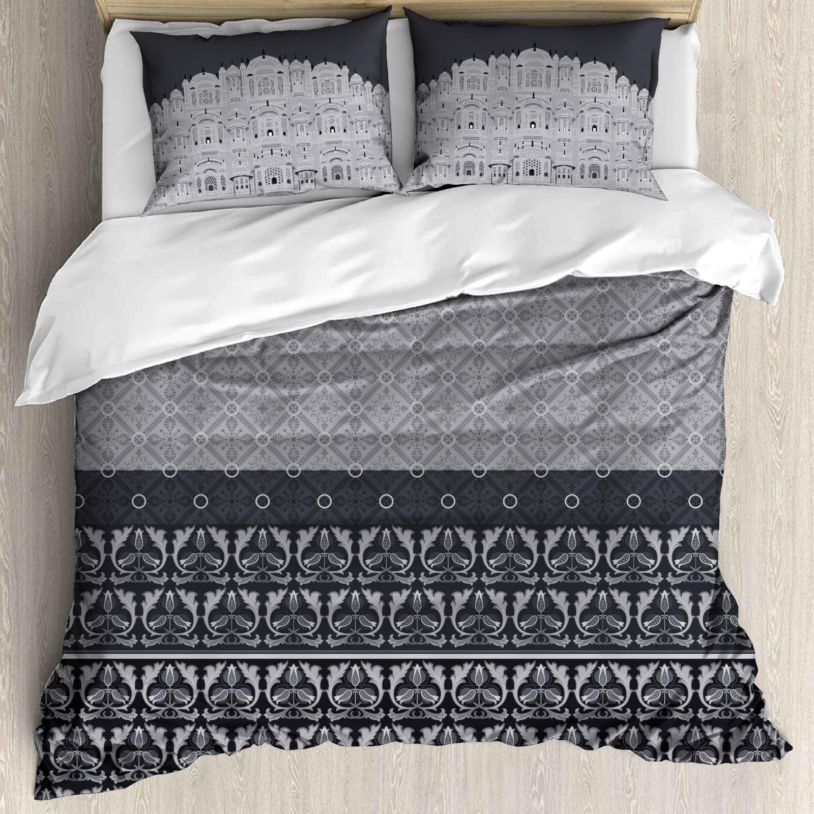 Premium Grey Heritage Palace Print Cotton King Size Bedsheet with Designer Pillow Covers (108 × 108 Inches)