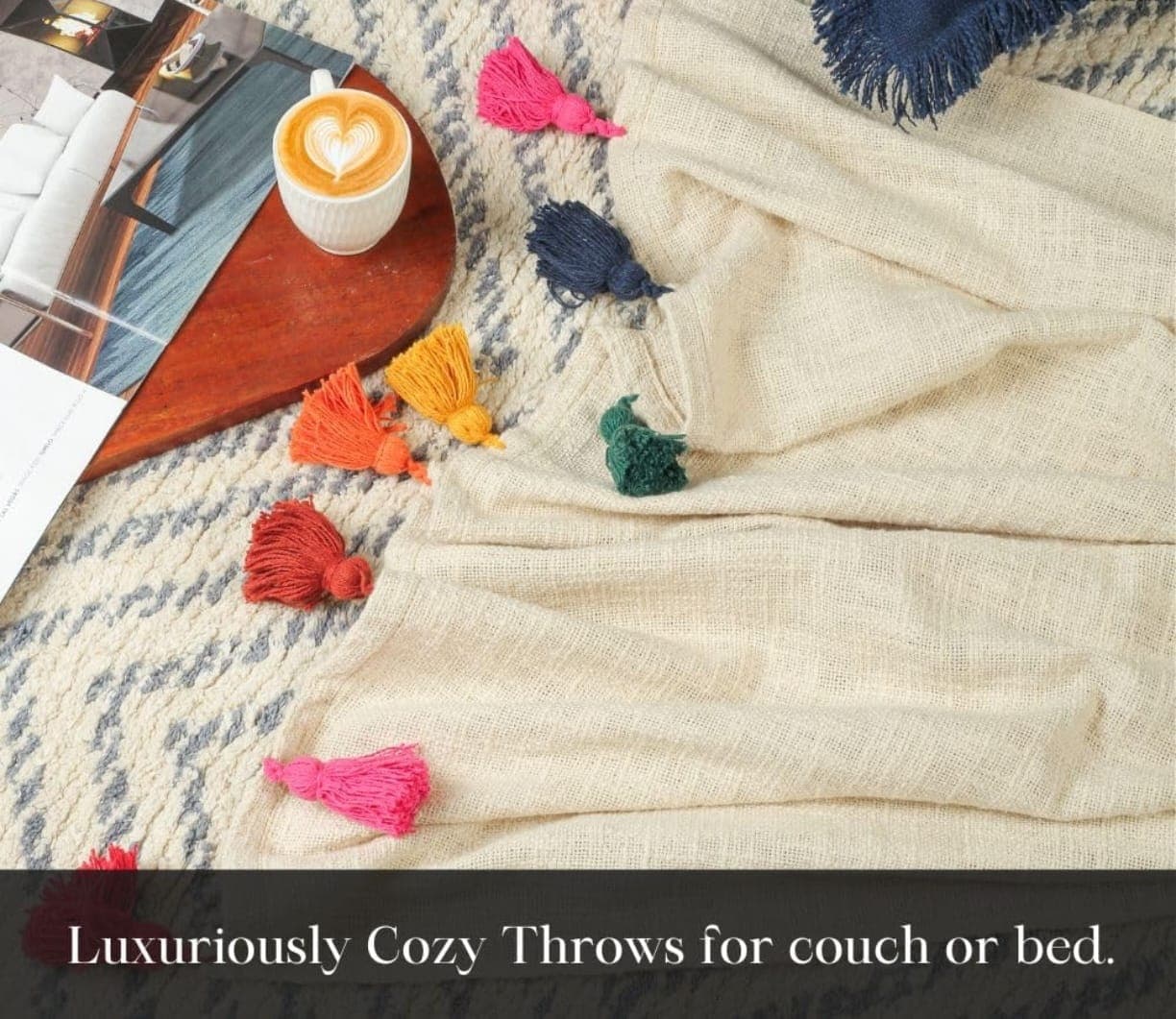 100% Cotton Throw Blanket with Multicolor Tassels – Soft Decorative Sofa, Bed & Couch Blanket (Multicolour)