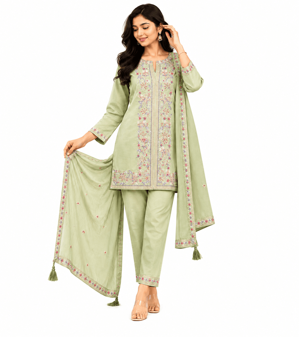 Elegant Green Embroidered Kurtha Set for Women with Dupatta | Festive & Party Wear