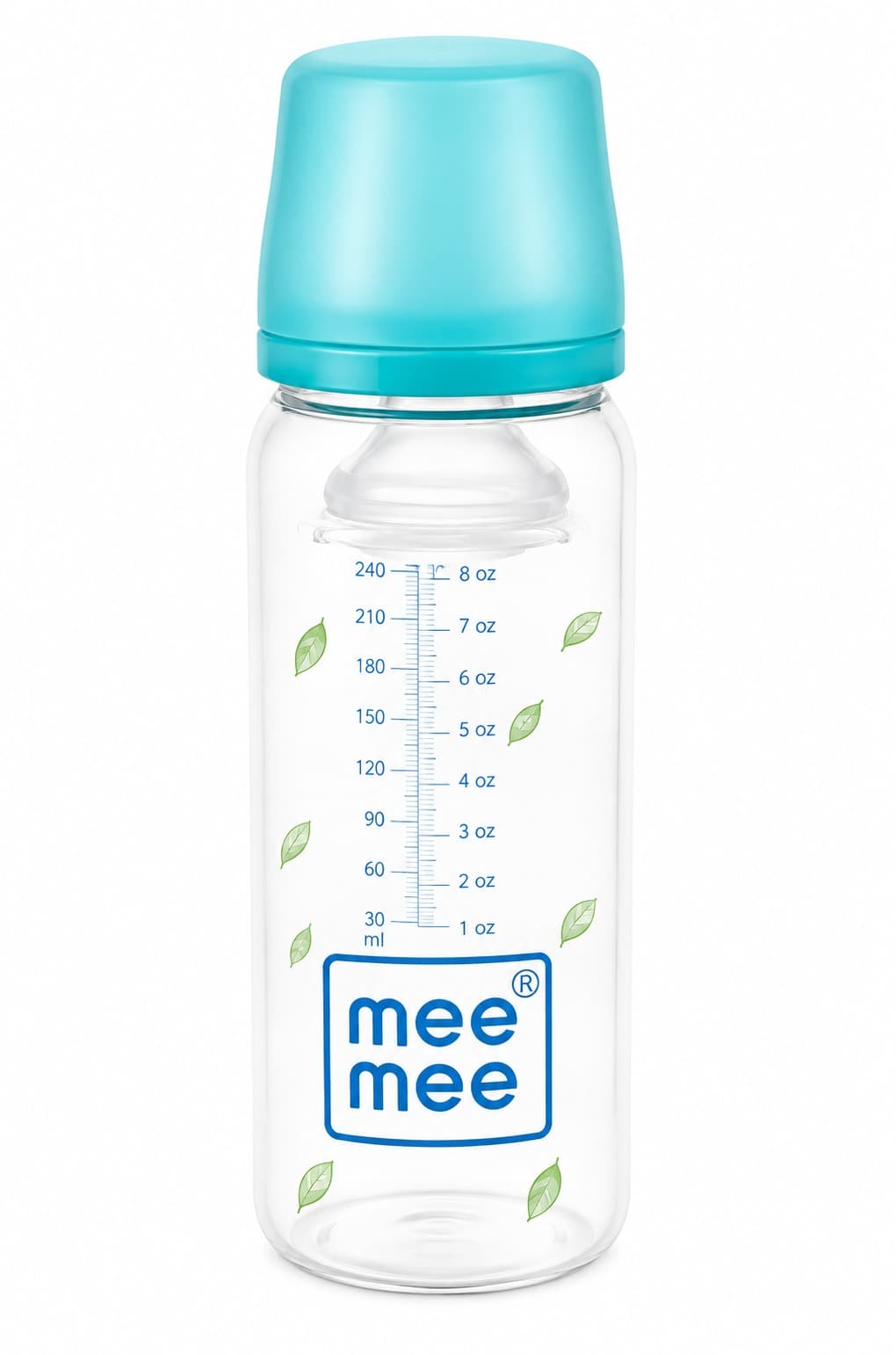 Mee Mee Baby Feeding Bottle 240ml / 8 oz | Blue/Aqua Cap with Leaf Print