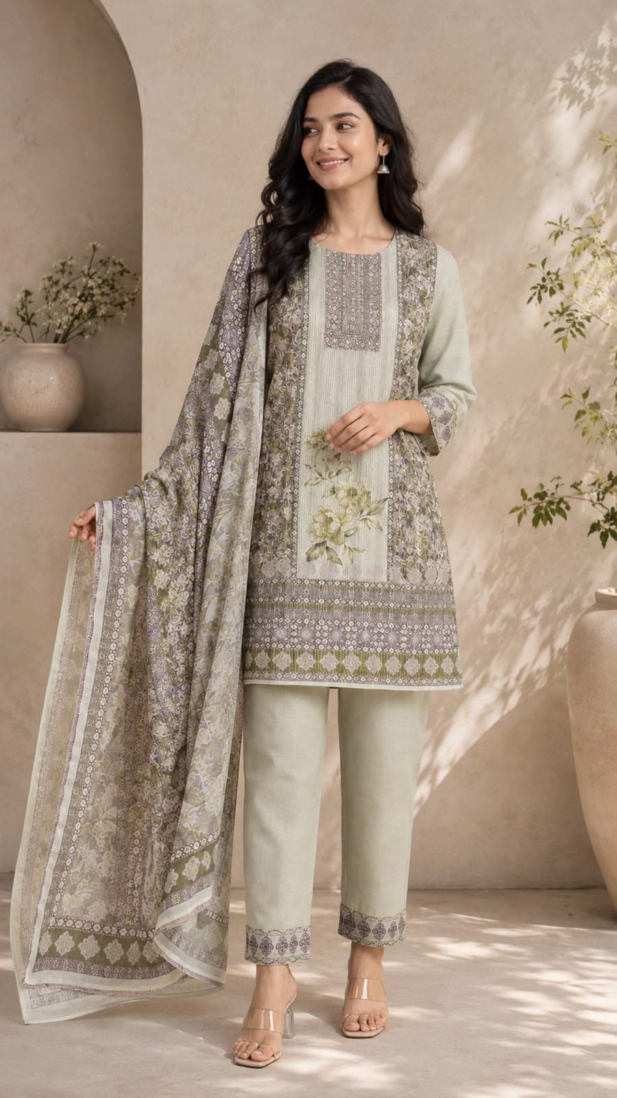 Women's Sage Green Printed Kurtha Set with Dupatta | Premium Ethnic Wear