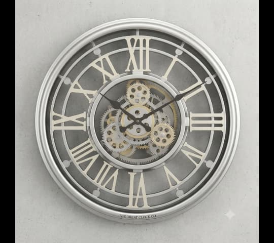 The Great Clock Co. Silver Skeleton Wall Clock with Exposed Gears | Vintage Industrial Metal Wall Clock