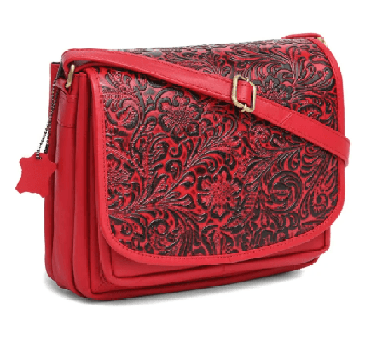 WILDHORN Nepal Oliva Crossbody Bag for Women – Premium Leather Vintage Floral Purse with Adjustable Strap (LB1002 Red Floral Print)