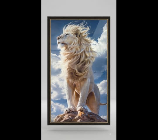 Majestic White Lion Framed Wall Art – Blue Sky & Clouds