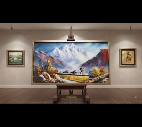 Himalayan Mountain Landscape Painting in Wooden Frame
