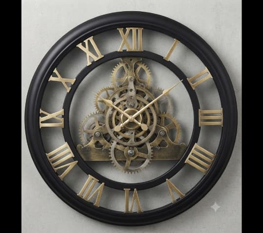 Black and Gold Skeleton Wall Clock with Exposed Moving Gears | Luxury Vintage Metal Wall Clock