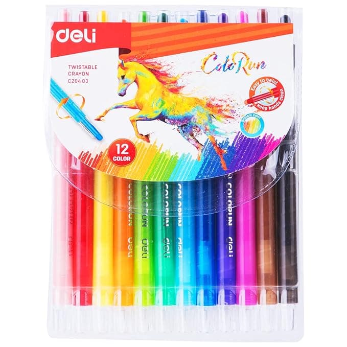 Deli EC20403 Twistable Crayon Color 12 Shades – Non-Toxic Smooth Coloring Crayons for Kids