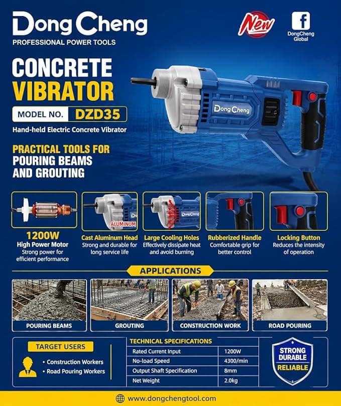 Dongcheng DZD35 Hand Concrete Vibrator 1200W Heavy-Duty Concrete Compactor hardware & machinery — thumbnail 7 of 9