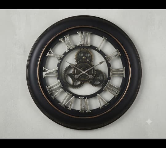 Vintage Industrial Black & Silver Skeleton Wall Clock with Exposed Gears | Large Metal Decorative Wall Clock