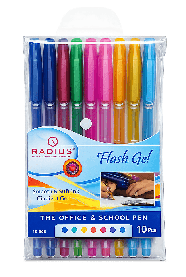 Radius Flash Gel Pen Set – 10 Pcs Smooth Writing Pens for School, Office & Daily Use