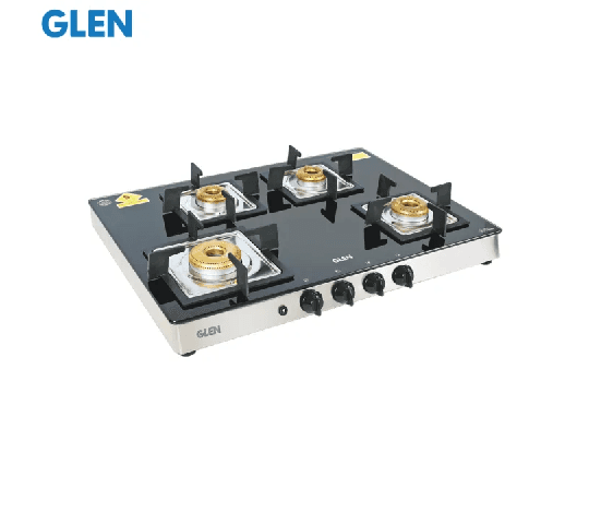 GLEN 4 Burner Glass Gas Stove with High Flame Forged Brass Burners & Auto Ignition – 1048 SQ GT AI FB SS
