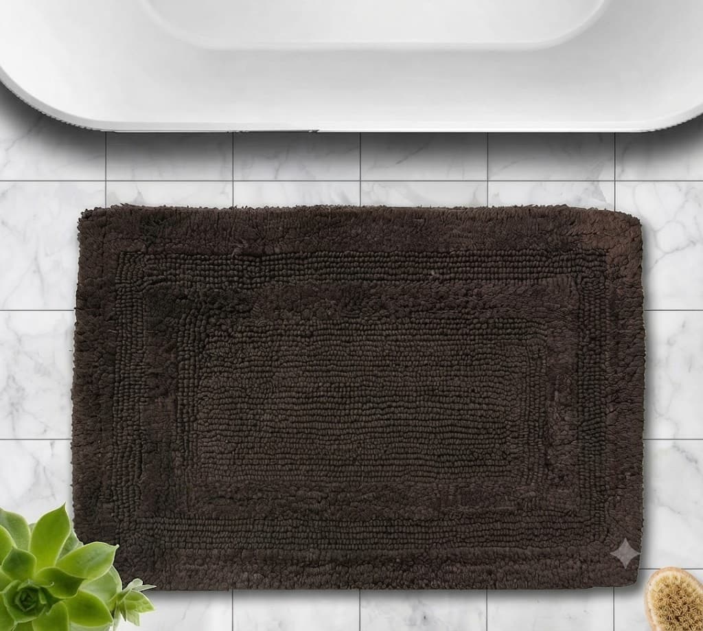 Plush Textured Chocolate Brown Bath Mat with Border Detail