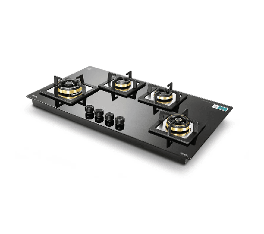 GLEN 4 Burner Glass Gas Hob Top with Triple Ring & Double Ring Brass Burners – 1094 XL SQ HT DB 2 TR MG