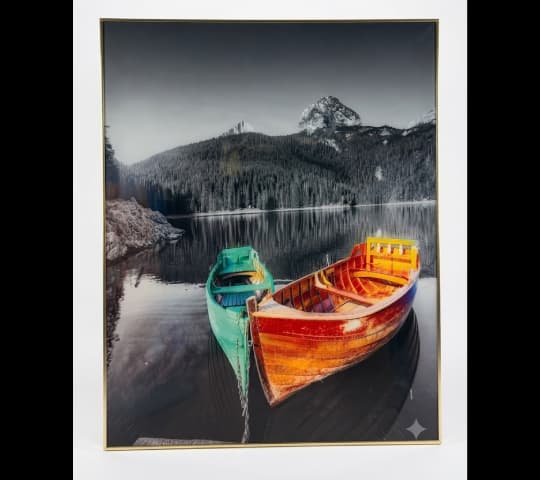 Two Vibrant Rowboats on a Mountain Lake Framed Art Print