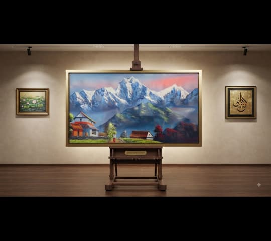 Himalayan Dawn Landscape Painting – Snow-Capped Peaks & Traditional Village